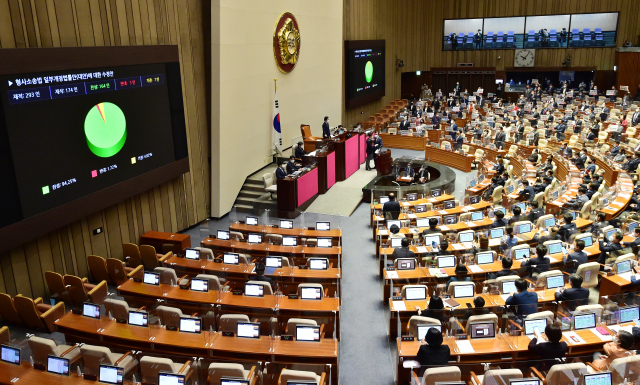 3일 오전 국회 본회의에서 국민의힘 의원들의 반발 속에 형사소송법 개정안이 표결 통과되고 있다. / 연합뉴스