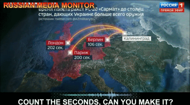 지난달 28일(현지시간) 러시아 국영 TV 채널 페르비 카날(Channel 1)의 ‘60분(60 Minutes)’에서 유럽 주요 국가 수도에 핵 공격을 감행하는 시뮬레이션 영상을 공개했다. 당시 진행자는 러시아가 핵 미사일을 발사할 경우 200초 이내에 런던, 파리, 베를린 등 유럽의 주요 도시가 타격을 받을 수 있다고 말했다. 트위터 캡처