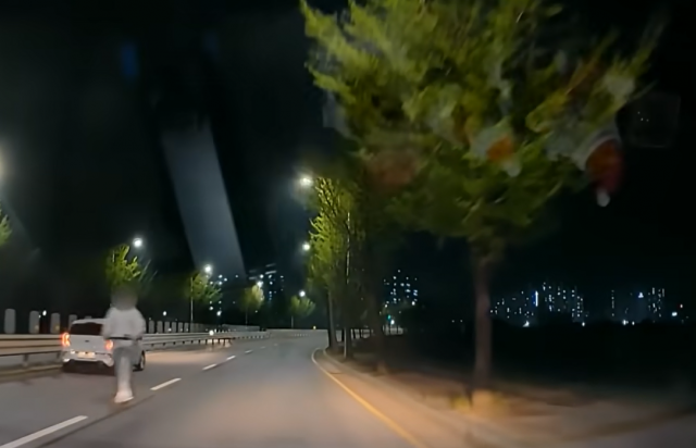 지난달 24일 오후 10시51분께 한 전동킥보드를 탄 남성이 차량 사이를 역주행하고 있다. 유튜브 채널 ‘한문철TV’ 캡처