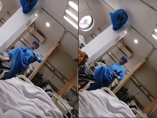 상하이의 한 공공 병원에서 노인이 직원에게 발길질 당하는 영상이 온라인 상에서 퍼져 논란이 일고 있다. 트위터 캡처