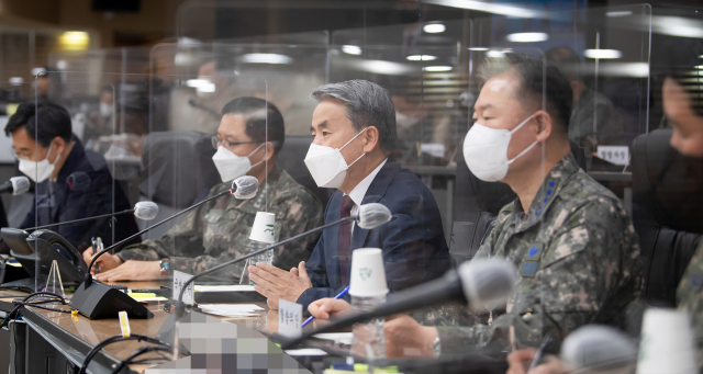 이종섭 국방부 장관이 11일 오전 합참에서 전군 주요직위자 화상회의를 개최하고 있다. /사진제공=국방부