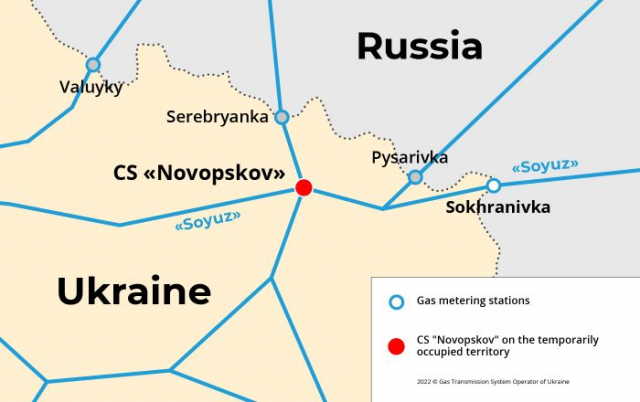 지난달 8일(현지 시간) 우크라이나 가스 운송기업 GTSOU가 공개한 소크라니우카 노선 이미지. 소크라니우카 가스 계량소와 노보프스코우 가스 압축소가 표시되어 있다. GTSOU 웹사이트 갈무리