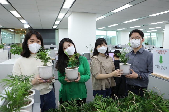 LG이노텍 직원들이 사무실에서 반려식물을 키워 기부하는 ‘공기 정화 식물 기부’ 활동을 소개하고 있다. 사진 제공=LG이노텍