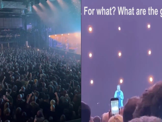 러시아 록밴드 콘서트(왼쪽)에서 관중들이 ‘망할 전쟁(fucking war)’이라고 구호를 외치는가 하면, 러시아 밴드 DDT의 리더 유리 셰브추크가 블라디미르 푸틴 러시아 대통령의 행동에 반대하는 발언을 해 파문이 일고 있다. 트위터 캡처