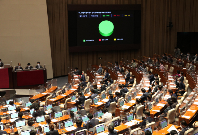 29일 국회에서 열린 본회의에서 강원특별자치도 설치 등에 관한 특별법안이 통과되고 있다. 성형주 기자