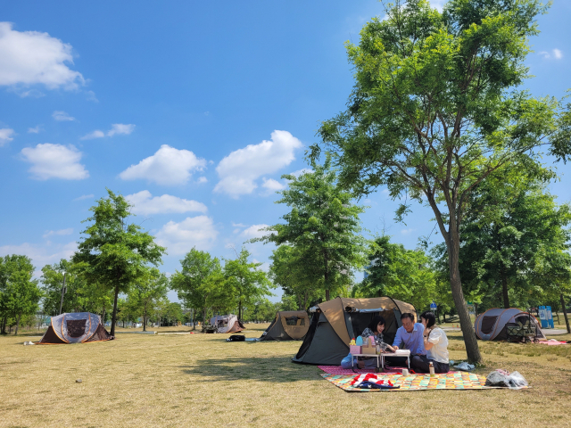 지난 27일 낮 서울 여의도 한강공원에서 LG유플러스 리버스멘토링 참가자들이 근무 시간에 야외로 나와 대화를 나누고 있다./강도림 기자