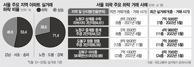 서울 주요 지역 아파트 실거래 하락 비율 및 서울 외곽 주요 하락 거래 사례. 서울경제DB