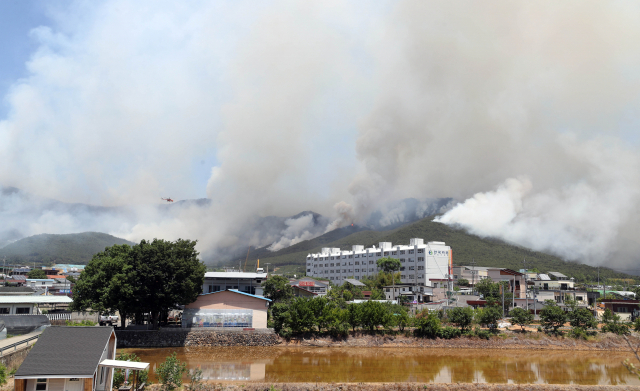 31일 오후 경남 밀양시 부북면 춘화리에서 발생한 산불이 바람을 타고 확산하고 있다. 밀양=연합뉴스