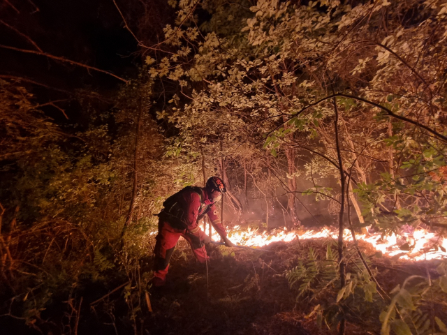 소방관이 31일 경남 밀양시 산불 현장에서 야간 작업을 하고 있다. 사진제공=산림청