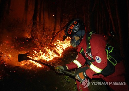 산림청 산림항공본부 소속 공중진화대원들이 31일 경남 밀양시 부북면 일원에서 방어선을 구축하며 야간 산불을 진화하고 있다. 사진=산림청