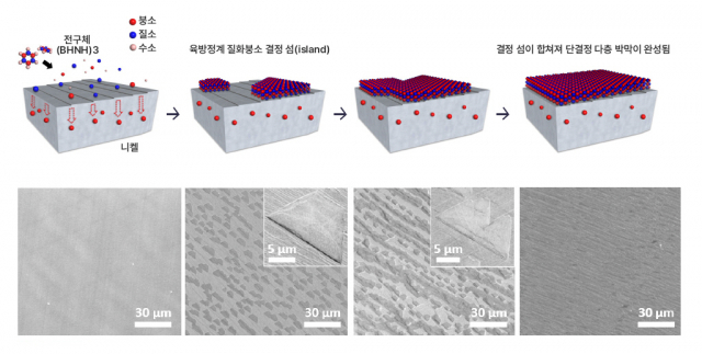 단결정 다층 육방정계 질화붕소 박막이 합성되는 과정. 연구 그림=UNIST