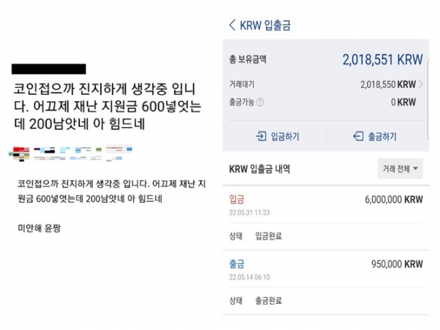 한 자영업자가 최근 손실보전금 600만 원을 모두 암호화폐에 투자했다는 인증글과 입출금 내역(오른쪽)을 공유했다. 온라인 커뮤니티 캡처