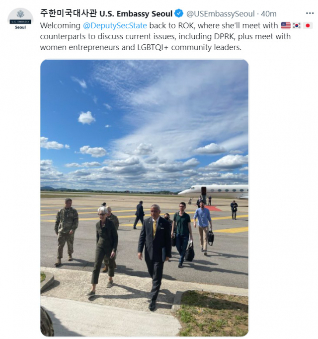 웬디 셔먼 미국 국무부 부장관이 한미 외교차관 회담, 한미일 외교차관 협의회 참석 등을 위해 6일 입국했다. 주한 미국대사관은 이날 오후 트위터를 통해 