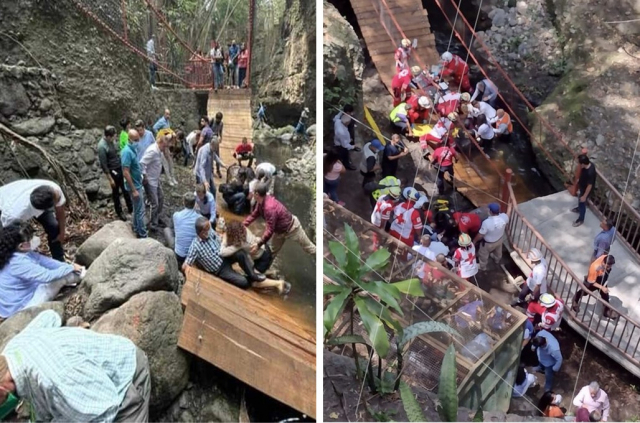7일(현지시간) 멕시코 모렐로스주 쿠에르나바카시에서 계곡 위로 설치한 출렁다리가 재개통 기념식 도중 무너지면서 다리 위에 함께 오른 참석자 20여 명이 추락하는 사고가 발생했다. 트위터 캡처