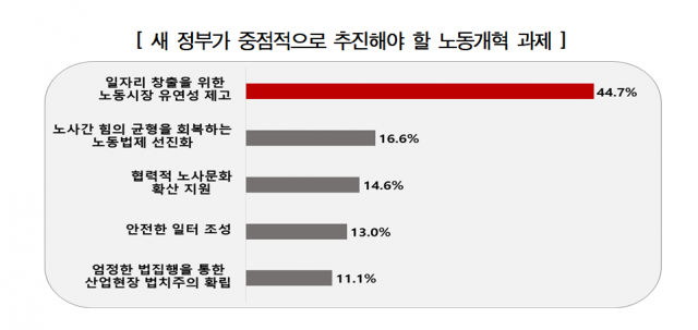 경총이 200개 기업을 대상으로 실시한 ‘새 정부에 바라는 고용노동정책’ 조사 결과 응답 기업의 44.7%는 ‘노동시장 유연성 제고’를 선택했다. 사진 제공=경총