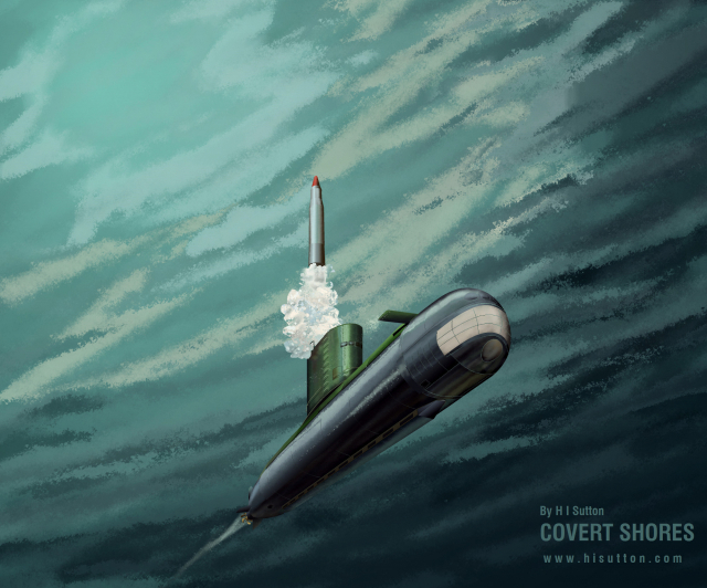 북한 신포급 잠수함 SLBM 발사 상상도/이미지 출처=COVERT SHORES