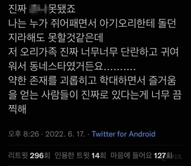 온라인 상에는 동네의 마스코트처럼 여겨지던 오리 가족이 죽었다는 소식에 안타까움을 표하는 글들이 잇따라 게재됐다. 트위터 캡처