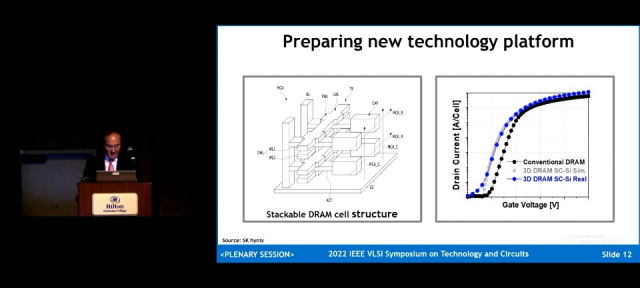 이석희 SK하이닉스 사장이 회사의 3D D램 개념도를 설명하고 있다. 사진제공=VLSI 2022 캡처화면