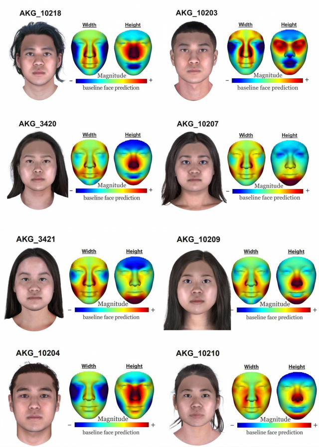 컴퓨터 프로그램을 이용해서 복원된 8명의 삼국시대 한국인 게놈 기반 얼굴 몽타주 예측 결과. 그림=UNIST