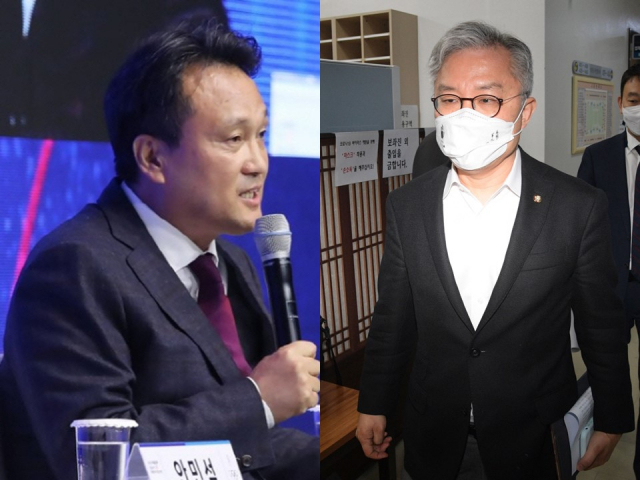 안민석(왼쪽) 더불어민주당 의원은 당 윤리심판원이 최강욱 의원에게 '6개월 당원권 정지'라는 중징계를 내린 것에 대해 
