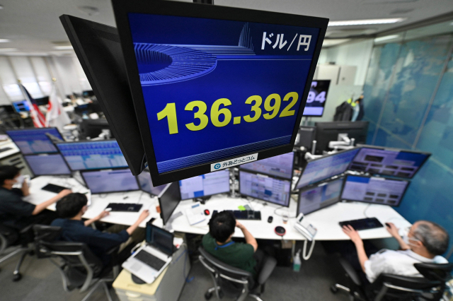22일 일본 도쿄의 한 외환중개업체 사무실의 전광 시세판에 달러당 136엔대로 올라선 엔-달러 환율이 표시되고 있다. AFP연합뉴스