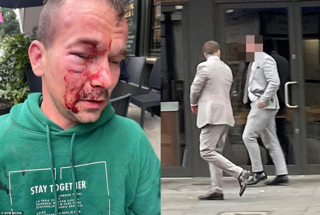 카밀 소발라(왼쪽)가 지난 18일(현지시간) 영국 런던의 빅토리아역 앞에서 행인에게 길을 묻다가 무차별 폭행을 당했다. 오른쪽은 폭행 후 현장을 떠나는 가해 남성 2명의 모습. 데일리메일 캡처