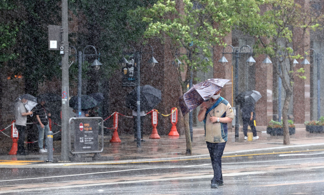 장마가 계속되는 29일 오후 서울 청계광장에서 시민들이 우산을 쓴 채 걸어가고 있다. 연합뉴스