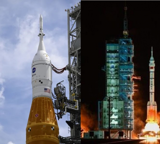 미국 항공우주국(NASA)이 달 탐사 프로젝트인 ‘아르테미스 계획’의 일환으로 새롭게 개발 중인 우주 탐사선 발사용 로켓이 지난 2일(현지시간) 플로리다주 케네디 우주 센터의 발사대에서 조립되고 있다(오른쪽). 왼쪽 사진은 중국 유인우주선 선저우13호. 연합뉴스