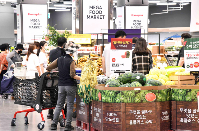서울 도봉구 홈플러스 메가푸드마켓 방학점을 찾은 고객들이 수박을 살펴보고 있다./사진 제공=홈플러스