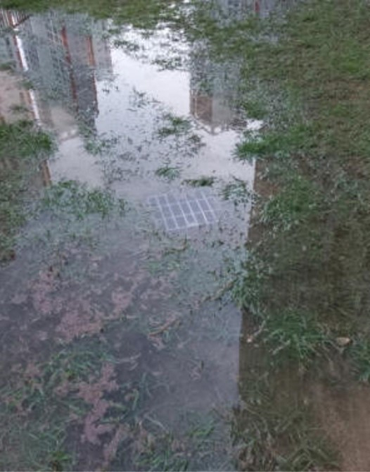 아파트 공용공간에 대형 수영장을 설치한 후 철거하는 과정에서 대량의 물로 인해 하수구가 막혀 물바다가 된 잔디밭의 모습. 온라인 커뮤니티 캡처