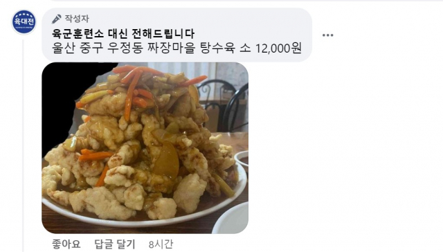 강원도 화천의 탕수육과 대조되는 울산의 1만 2000원짜리 탕수육 사진. ‘육군훈련소 대신 전해드립니다’ 페이스북 캡처