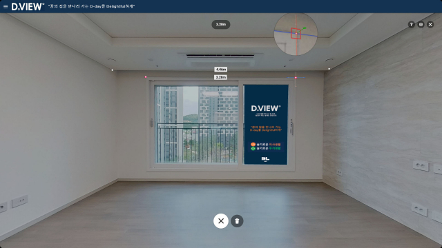 D.VIEW는 360도 VR을 통해 세대 내부를 둘러볼 수 있을 뿐만 아니라 원하는 부위를 클릭해 길이, 높이, 깊이 등을 손쉽게 측정할 수 있다./ DL이앤씨