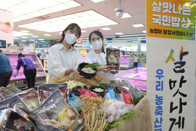 4일 서울 서초구 하나로마트 양재점에서 모델들이 17일까지 진행되는 복날 삼계탕 등 '보양식 모듬전'을 소개하고 있다. ‘보양식 모음전’에서는 한우등심(1등급)을 행사카드(삼성, 롯데) 결제시 최대 8,000원 할인, 목우촌 연산토종닭 13호(1250g), 활전복(중)(6미/팩)을 행사카드(국민, 삼성, 롯데) 결제 시 각 2,000원 할인하여 판매한다. 농협유통 관계자는 “기나긴 장마가 끝나가며, 본격적인 여름이 시작되는 초복을 맞이하여 다양한 보양식 재료 확보를 위해 노력했다.”며, “살 맛나는 가격으로 준비한 보양식 재료를 하나로마트에서 만나보시길 바란다.”라고 밝혔다/농협유통 제공