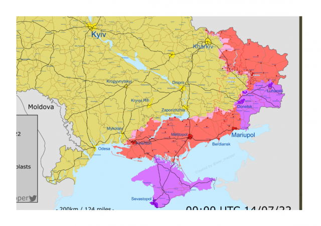 14일 현재 우크라이나 전황. 보라색과 붉은색 부분이 러시아가 점령한 지역이다.