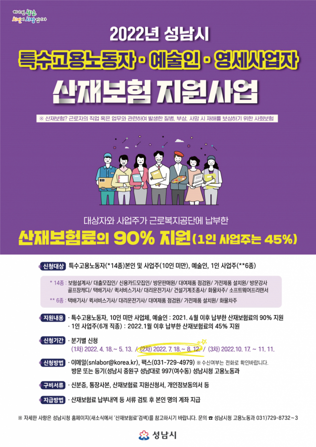 성남시, 특수고용직·예술인·1인 사업주 산재보험료 신청받아