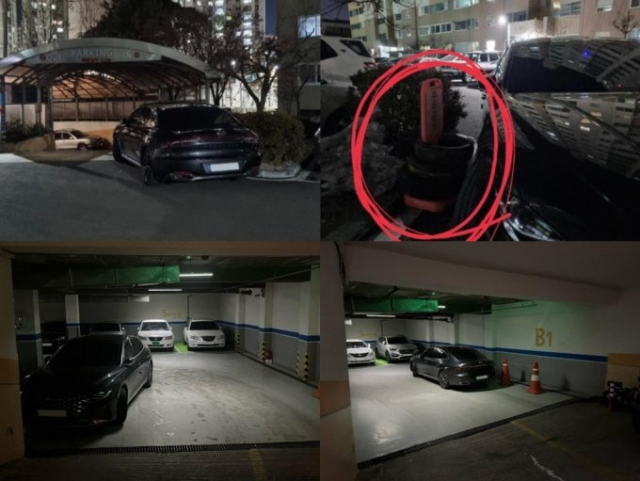 한 아파트 주차장에서 몇 달째 이어지고 있는 이른바 ‘민폐 주차’ 사연이 공분을 사고 있다. 트위터 캡처