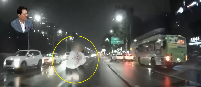 지난달 28일 밤 서울 서초구 한 왕복 9차선 도로를 달리던 차량이 무단횡단하는 여성을 들이받았다. 유튜브 캡처