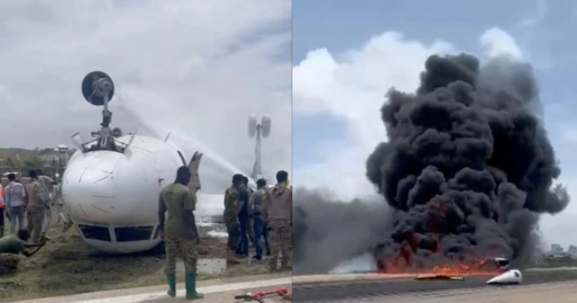 지난 18일(현지시간) 소말리아 수도 모가디슈 국제공항에서 여객기가 불시착해 활주로에서 뒤집히면서 검은 연기와 화염이 하늘 높이 치솟았다. 로이터통신 캡처