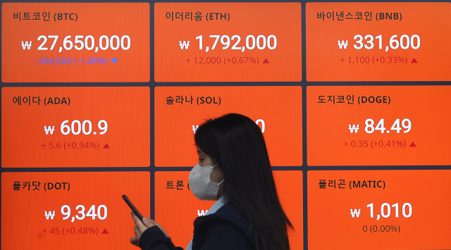 18일 서울 서초구 빗썸 고객센터에 비트코인 시세 그래프가 표시되어 있다. 연합뉴스