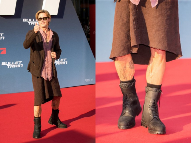 지난 19일(현지시간) 독일 베를린에서 열린 신작 영화 불릿 트레인 프로모션 행사장에 치마를 입고 등장한 브래드피트. 트위터 캡처