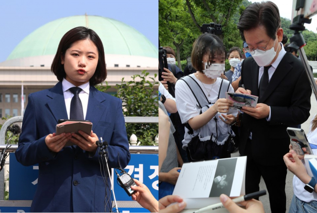 박지현(왼쪽) 전 더불어민주당이 이재명 의원의 적극적 소통 행보와 관련해 “아이돌도 아닌데 애교 부리는 건 정치인의 덕목은 절대 아니라고 본다”고 비판했다. 연합뉴스