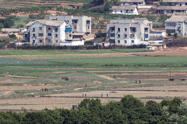 2022년 5월 경기도 파주시 오두산 통일전망대에서 바라본 북한 황해북도 개풍군에서 주민들이 줄지어 이동하고 있다. 연합뉴스