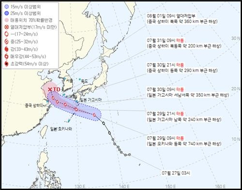 기상청은 태풍 ‘송다’가 29일 밤 일본 규슈 남쪽 해상에서 30일 제주도 남쪽 먼바다를 거쳐 31일 중국 상하이 부근 해상으로 이동할 것이라고 예측했다. 기상청 제공