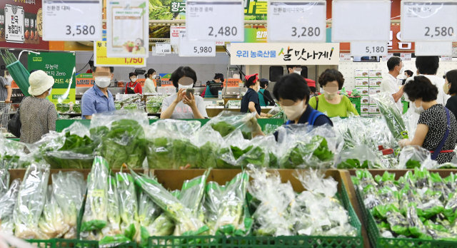 서울시내 한 대형마트에서 시민들이 각 상품별 가격을 꼼꼼히 비교하며 장을 보고 있다. 오승현 기자 2022.07.10