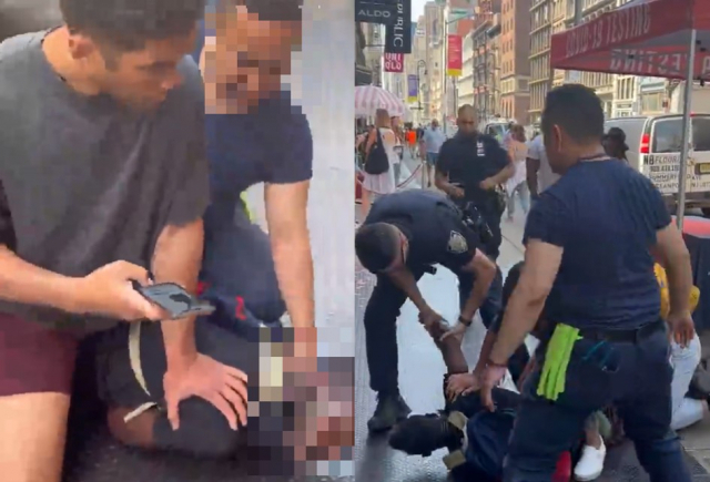 미국 뉴욕에서 행인들에게 무차별 폭행을 가하던 20대 노숙인이 현장에 있던 로 말라바난 이종격투기(MMA) 선수에게 제압을 당하는 모습. 인스타그램 캡처