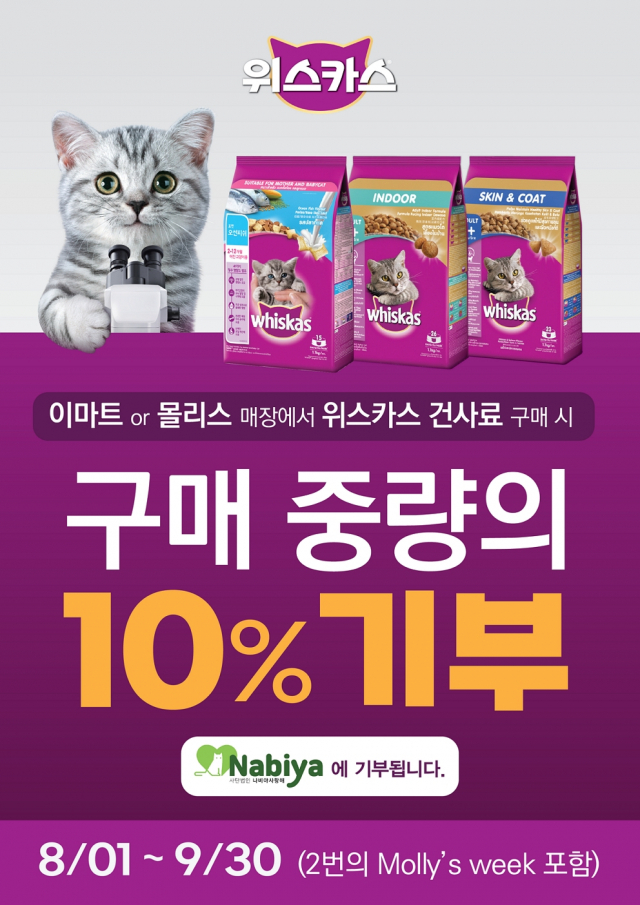 한국마즈, 위스카스 고양이 사료 기부 캠페인 진행