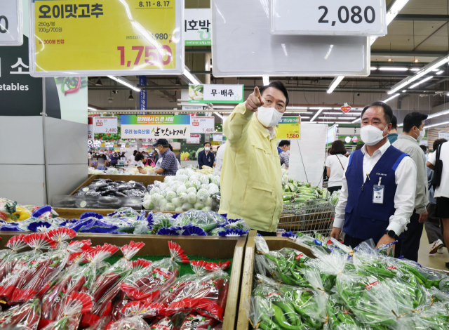 윤석열 대통령이 11일 물가동향을 점검하기 위해 방문한 서울 하나로마트 양재점에서 채소 가격표를 확인하고 있다. 연합뉴스