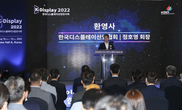 한국디스플레이산업협회장인 정호영 LG디스플레이 사장이 10일 서울 강남구 코엑스에서 개최된 'K-디스플레이 2022 전시회'에서 환영사를 하고 있다. 사진제공=LG디스플레이