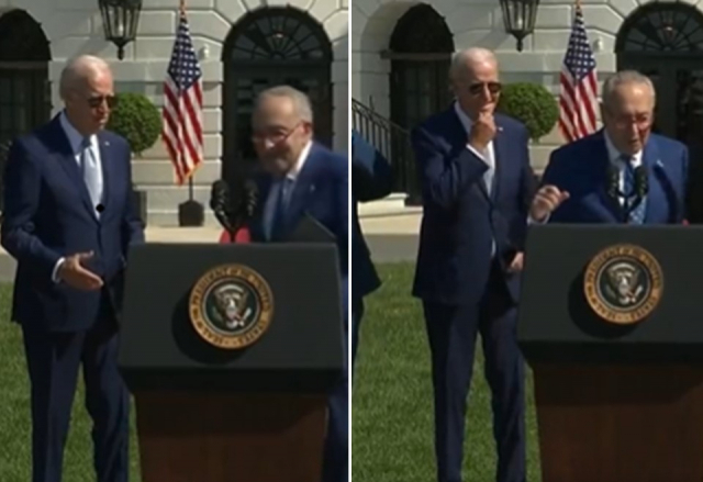 조 바이든(왼쪽) 미국 대통령이 악수를 한 뒤 또 다시 손을 내밀어 악수를 기다리는 듯한 장면이 목격돼 논란이 일고 있다. 트위터 캡처