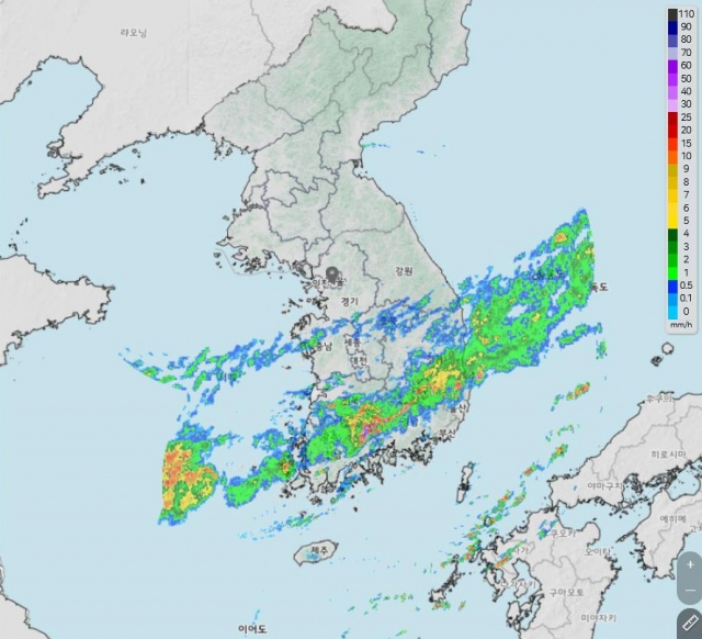 16일 오전 7시 30분 현재 비구름대 위치를 보여주는 레이더 영상. 기상청 제공